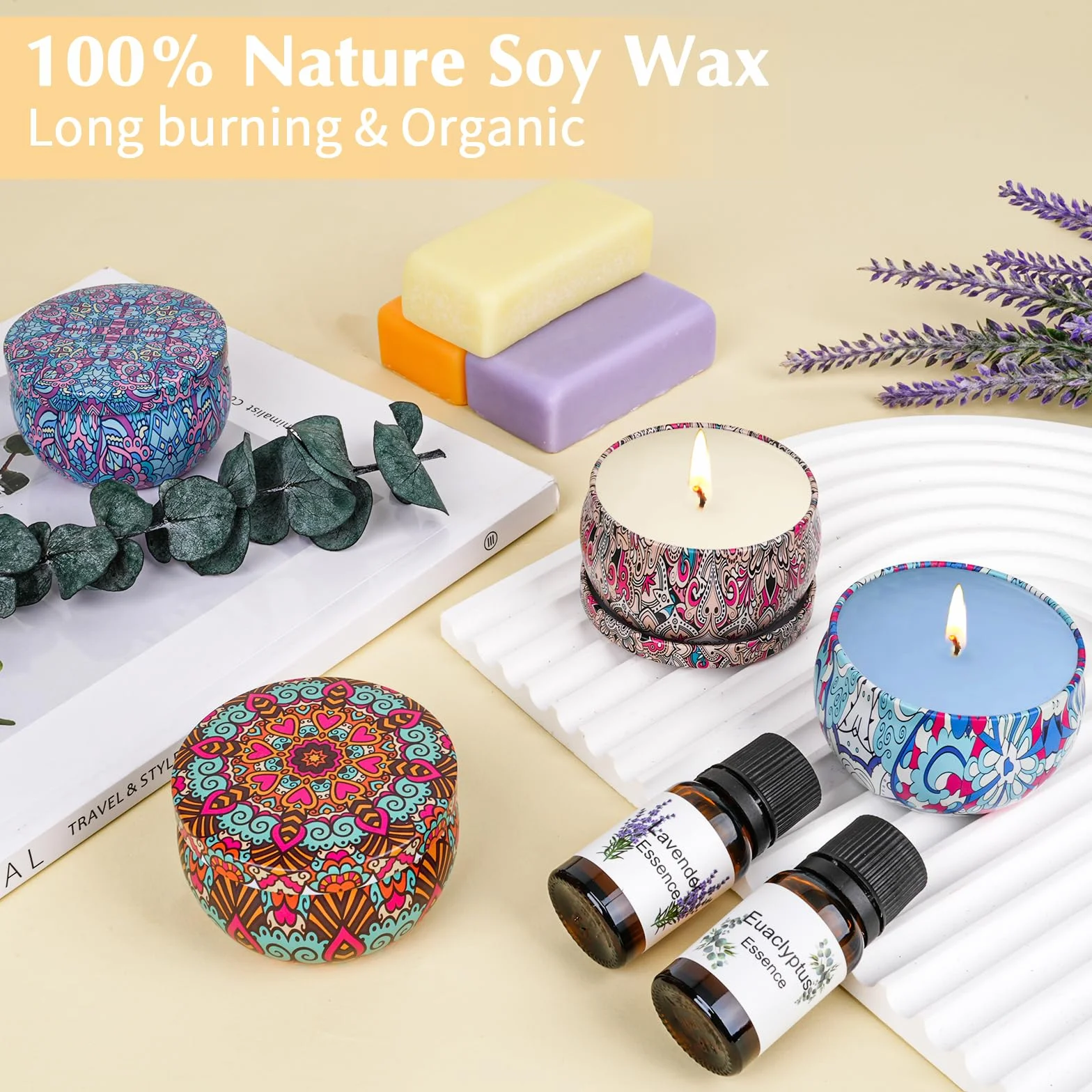 LDUMODUW Kit Para Hacer Velas Aromáticas Fabricacion, Kit Velas Set de Regalo Con 480g Cera de Soja Para Velas, 6 Aceites Esenciales, Mechas u Crisol de 550 ml, Kit Manualidades Adultos