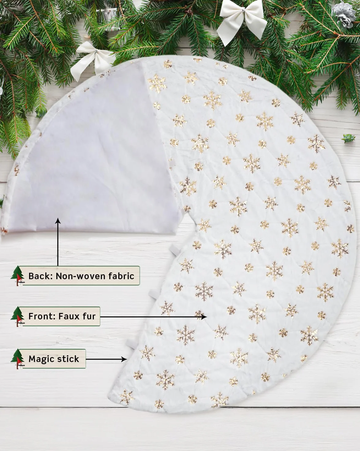 COOLWUFAN 48 Inches/122CM Falda para Arbol de Navidad para Decoraciones de Fiesta de Navidad de Arbol de Navidad Copo de Nieve de Lentejuelas Dorado de Felpa Blanca
