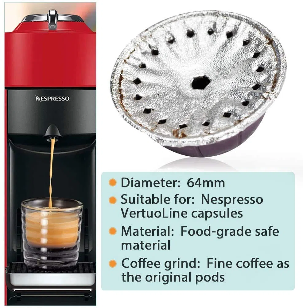 Tapas de papel de aluminio CAPMESSO para reutilizar las cápsulas de café Vertuoline, compatibles con la máquina Nespresso VertuoLine de 64 mm (100 / paquete) (200)