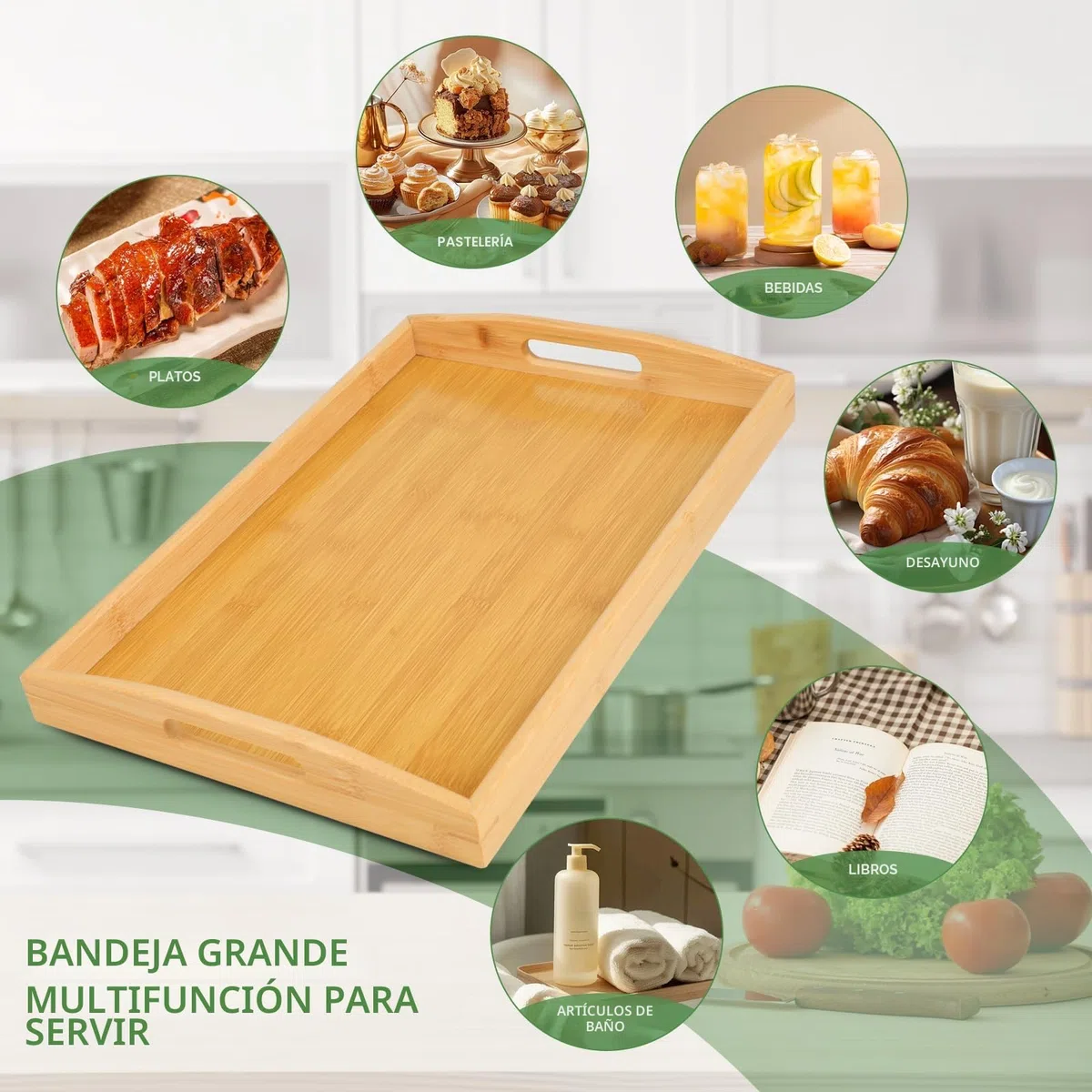Bandeja de Madera para Servir Comida, Bandeja Madera Rectangular con Asas, Bandeja de Bambú Grande, Bandejas para Servir Comida en Cocina, Salón o como Decoración (Natural)