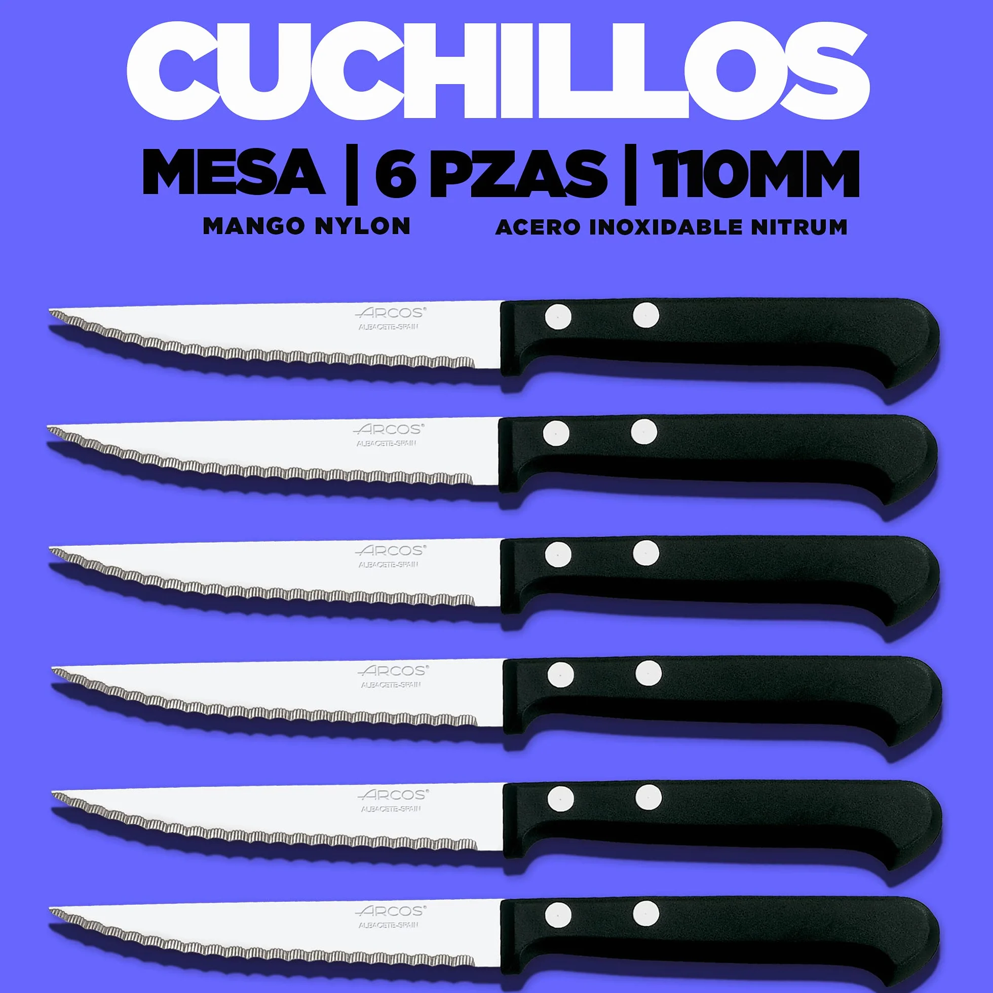 Arcos | cuchillos de mesa (6 ud) | cuchillos acero inoxidable con sierra cuchillo chuletero cuchillos chuleteros | Fabricado en España