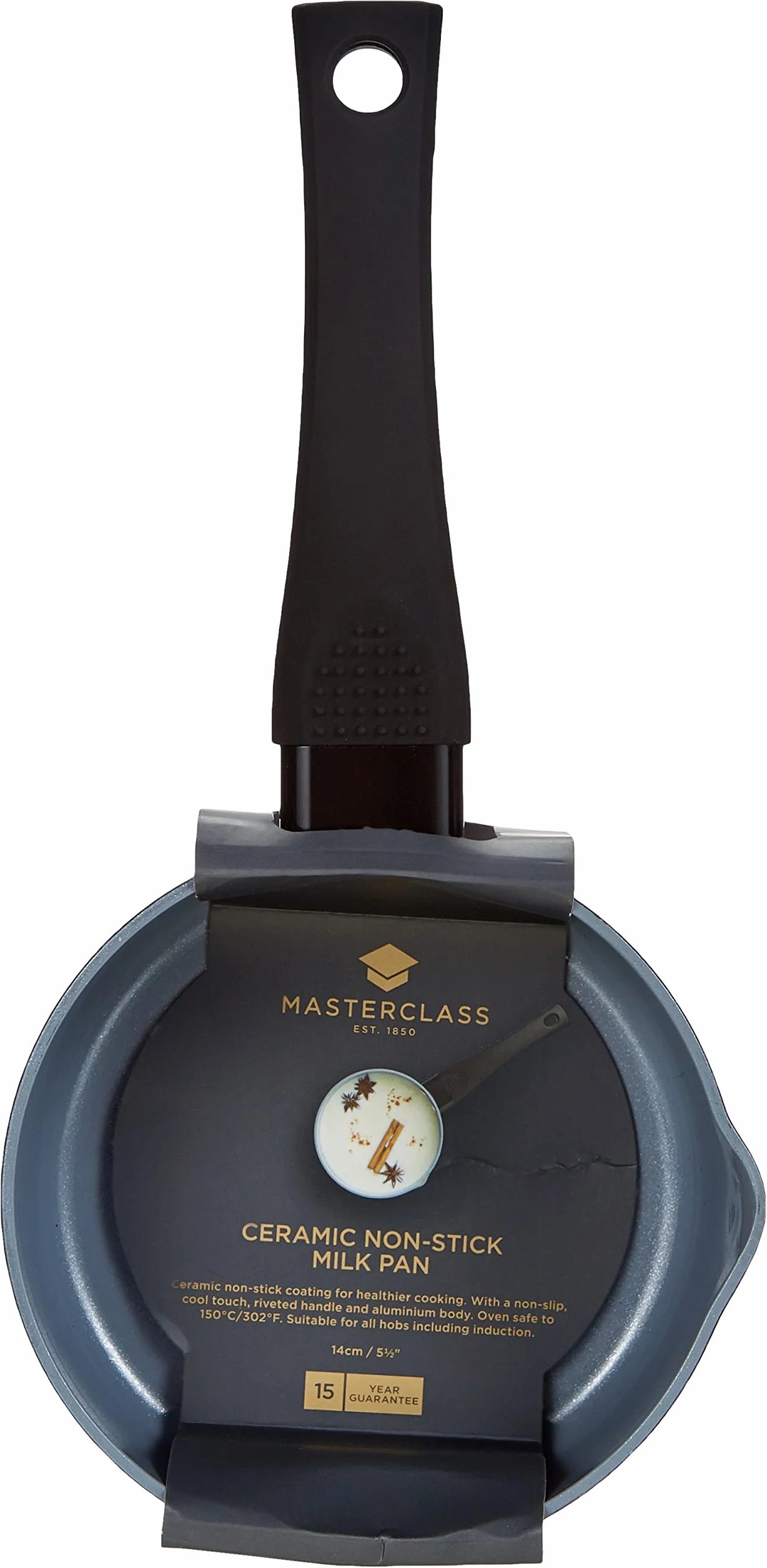 MasterClass Non-Stick Milk Pan, Milk Pan with non-stick pouring rim, PTFE, PFOA and BPA free, Small pan with double non-stick coating, Cool Touch riveted handle, 14cm/5.5’.