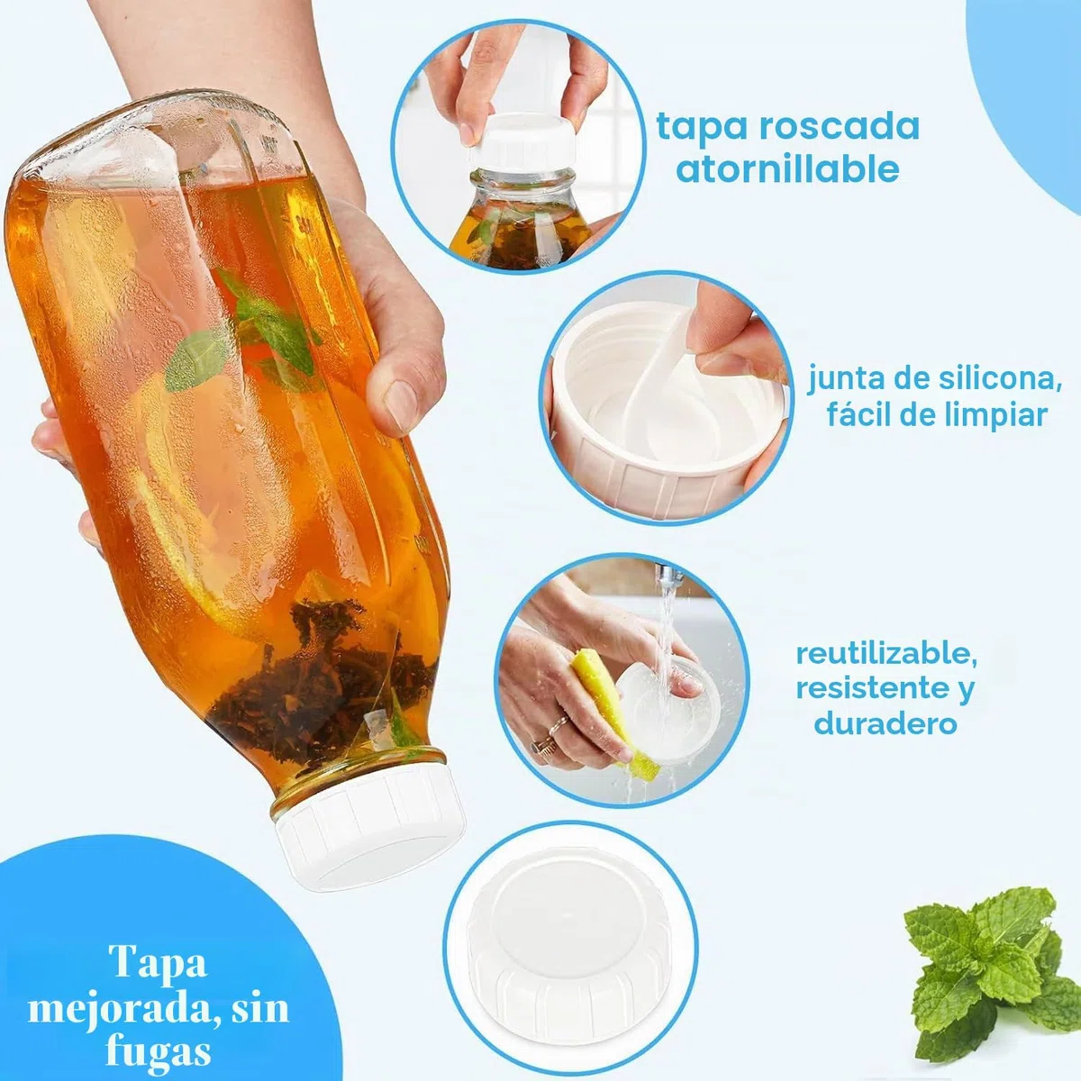 2 PCS 1L Botellas de vidrio con Tapas, Botellas Cristal Reutilizable, Botella Vidrio Transparente, botellas de zumo, para Oats, Cereales, Yogur, Pudín, Aceite, Leche, Zumo y Limonada