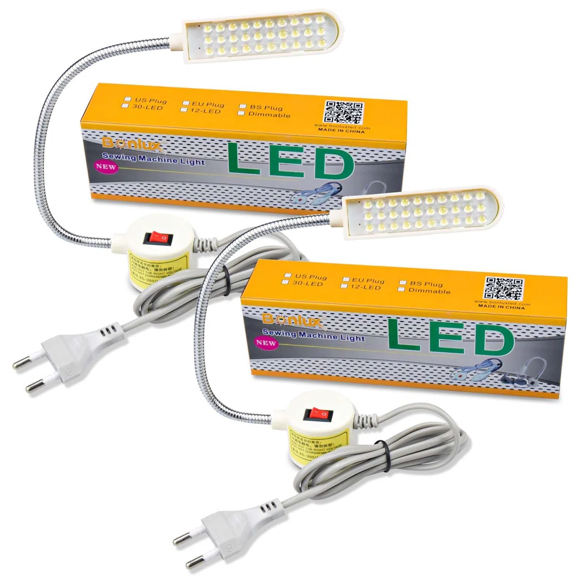 Bonlux 2-Unidades 30 LEDs 2W 180LM Lámpara Luz Fría para Máquina de Coser, con Cuello de Cisne Flexible, Base Magnética de Montaje, Luz para Trabajo Taller, Trabajos Artesanales o Manuales