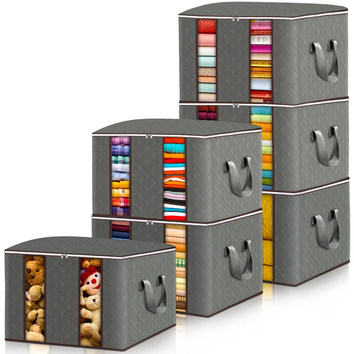 Frasheng 6 Piezas Cajas Almacenaje Ropa, 85L Almacenaje Bajo La Cama, Bolsa de Almacenamiento para Ropa Plegable, Bolsa de Almacenamiento de Ropa con Mango para Guardar Ropa, Edredones, Mantas, Gris