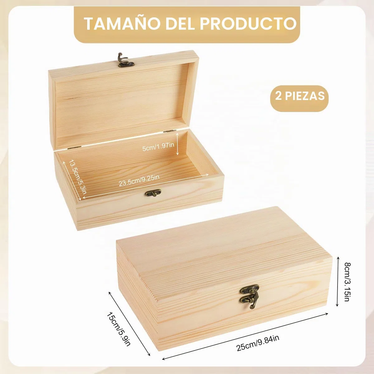 2 pcs Caja de madera con tapa 25 x 15 x 8 cm Caja de madera pequeña, cajas de recuerdos para bricolaje, decoración y almacenamiento