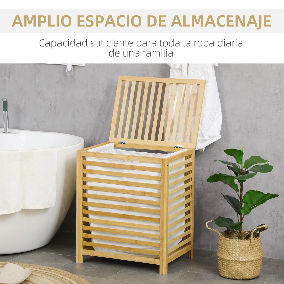 HOMCOM Cesto para Ropa Sucia de Bambú Capacidad de 55L Cesta para la Colada con Tapa 2 Asas y Bolsa Extraíble Forma Rectangular 50x36x60 cm Natural