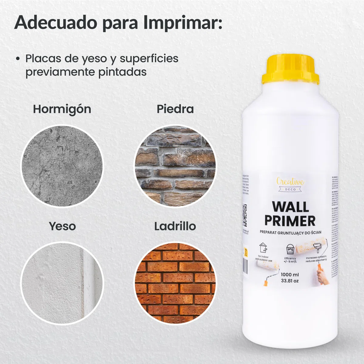Creative DECO Imprimación de Pintura 1L Blanca | Primer Fijador Paredes y Techos | Eficacia 5m2 | Alta Adherencia | Bloqueador de Manchas | Secado Rápido | Sin Disolventes | Fácil Aplicación
