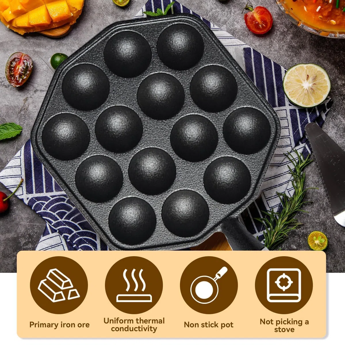 Cyrank Sartén Takoyaki De Hierro Fundido, Sartén Takoyaki Antiadherente De 14 Cavidades Para Hacer Bolas De Pulpo Plancha Takoyaki De Hierro Fundido Para Bolas De Panqueques Poffertjes