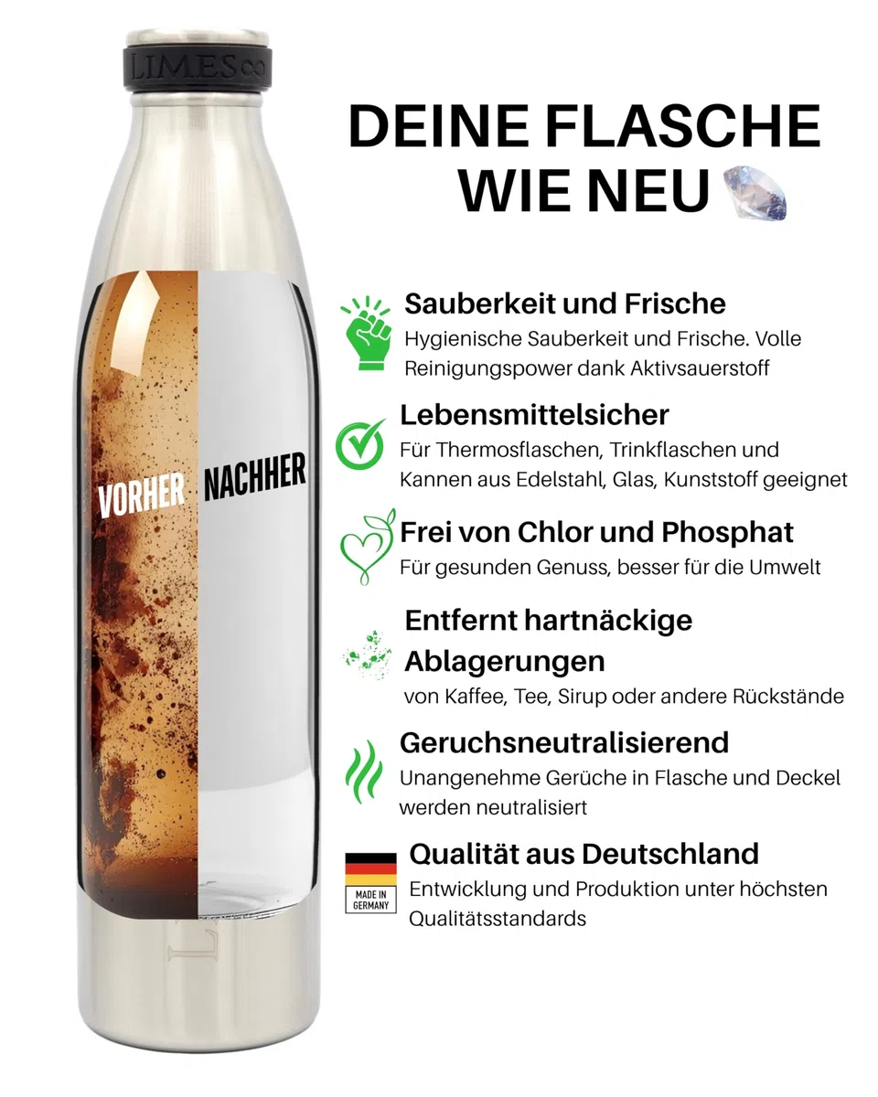 Potentes pastillas de limpieza para botellas de agua, fórmula 60% más fuerte, 40 pastillas biodegradables, fabricadas en Alemania, para acero inoxidable, vidrio, plástico, limpieza higiénica y