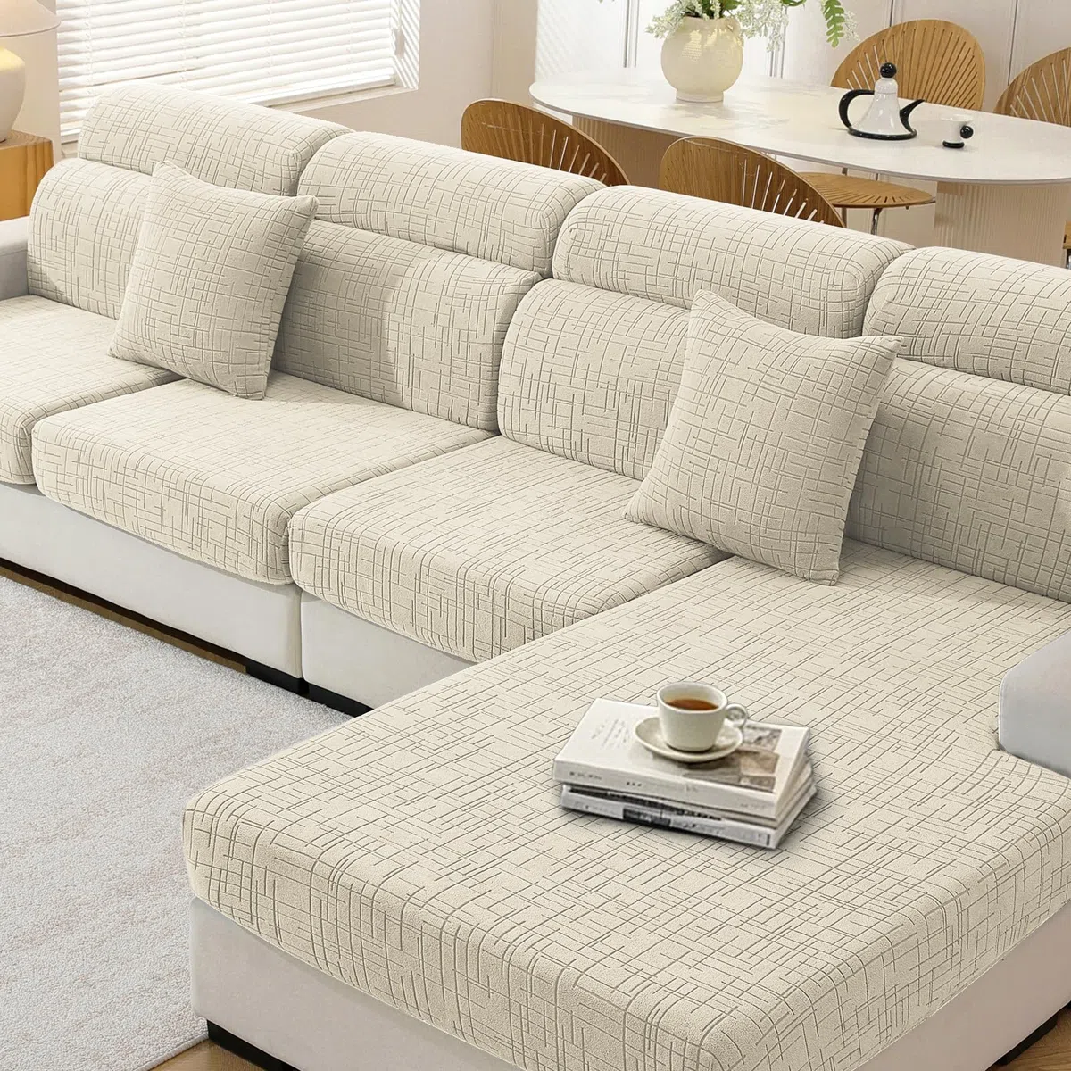 YSTELLAA Funda Asiento Sofa Elástico, Funda Cojin Sofa Antideslizante, Fundas para Cojines Ajustable, Universal Fundas Cojines Separado(Chaise Longue, Beige)
