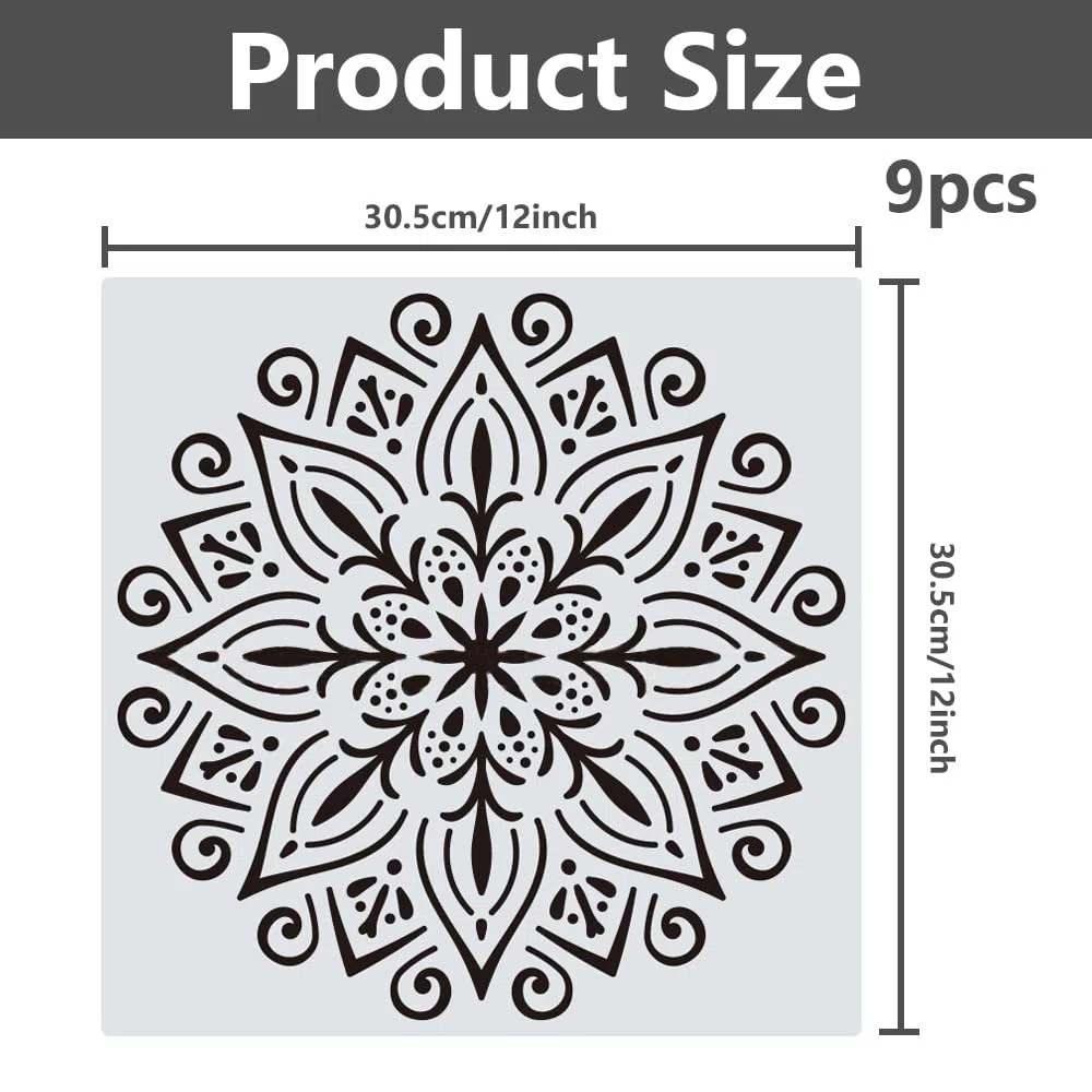 9 Piezas Plantillas de mandala, Plantilla de pintura de plástico blanco, para Muebles, Plantilla de Dibujo DIY Paredes Piedras Madera Tela Azulejos Manualidades Pintar Decoración (30 * 30 cm)