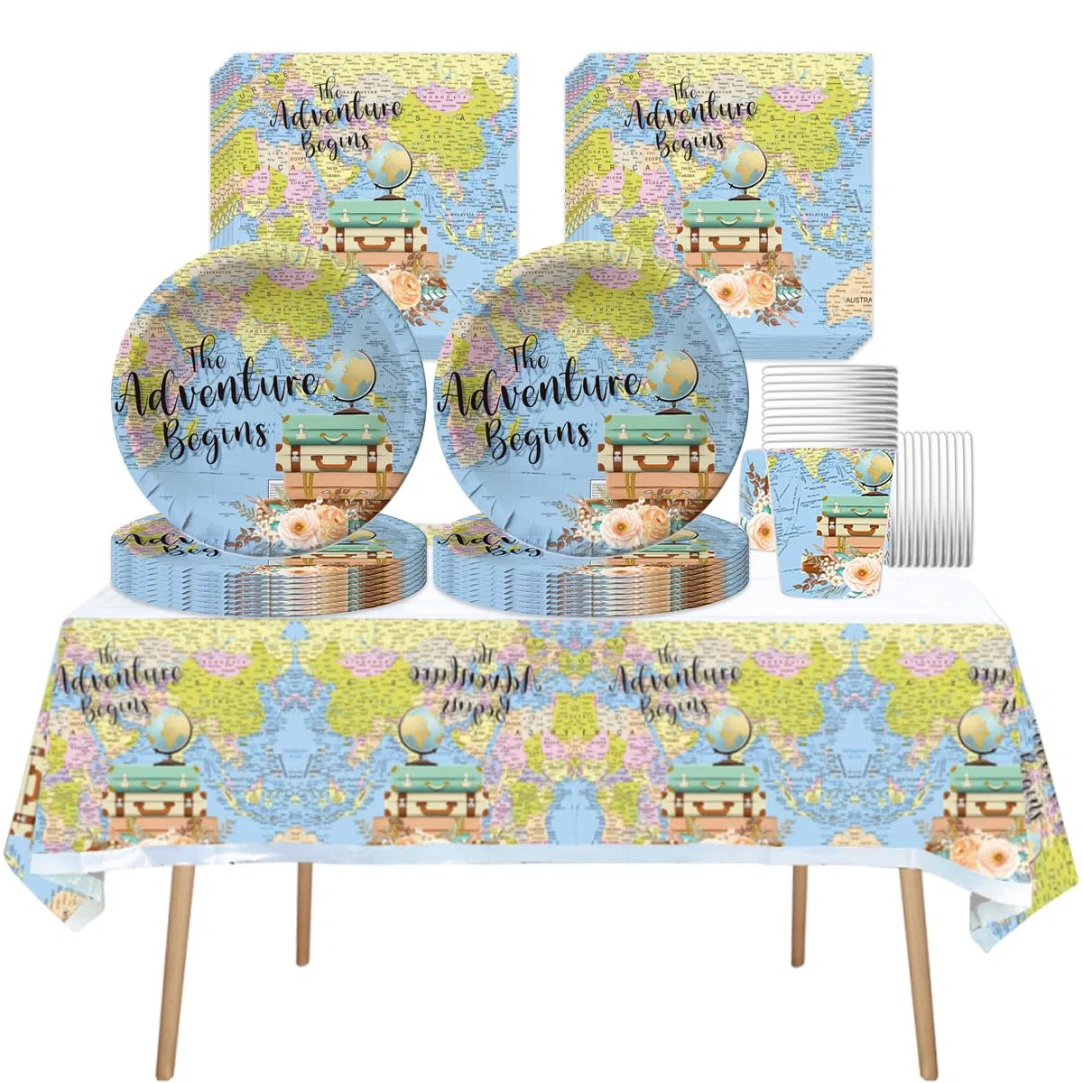 Vajilla para fiesta de Explorador de viaje, 61 piezas Aventurero Vajilla de cumpleaños niños, Mapa del mundo Juego de platos de papel para fiesta, Incluye vasos, servilleta y mantele