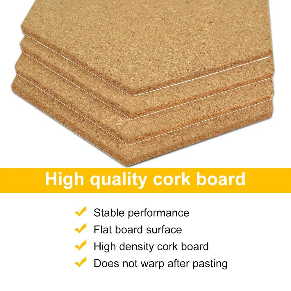 Corcho Pared Autoadhesivo, Pizarra Corcho Hexagonal, Placa Decorativa Hexagonal, Tablón de Anuncios, 5 Piezas Tablones Autoadhesivos con 50 Chinchetas, Placa Decorativa para Colgar Fotos