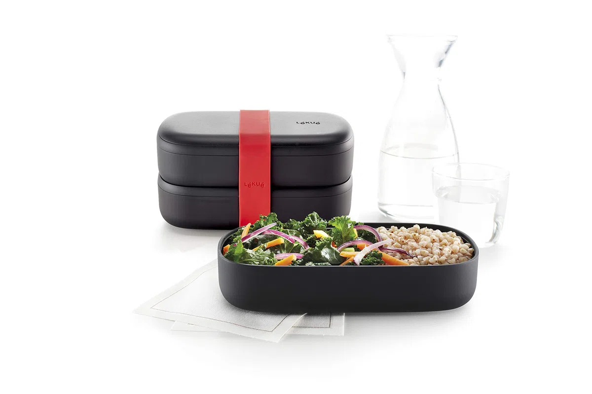Lékué Recipiente doble Hermético para Conservar y Transportar Alimentos, Lunch Box to go, Negro, 500 ml