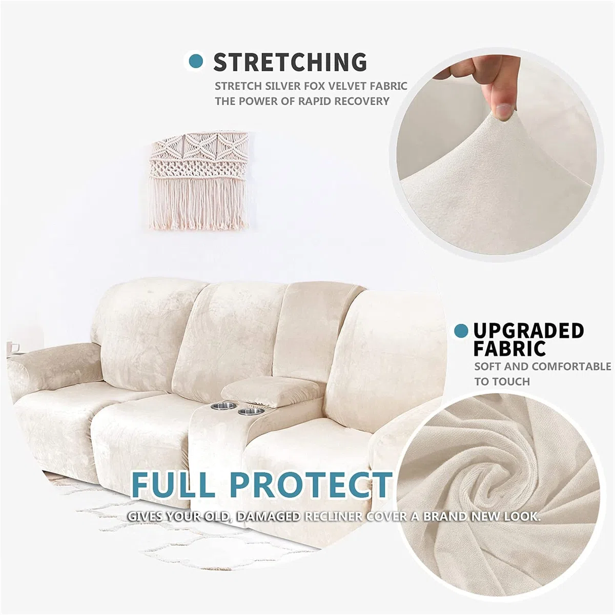 Funda reclinable elástica de Terciopelo con Consola - Tela Lavable Suave y Gruesa - Color Arena de 2 a 3 plazas - ¡Proteja su sofá reclinable con Esta Funda reclinable Premium contra el Desgaste Dia