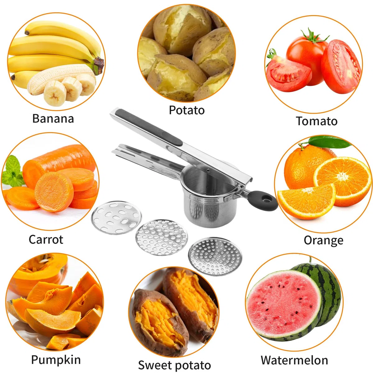 Machacador de Patatas con 3 Discos Intercambiables, Triturador Papas Acero Inoxidable Profesionales, Exprimidor Zumos Mermelada, Prensador para Puré Patatas, Bebés Frutas, Verduras, Receta Alimentos