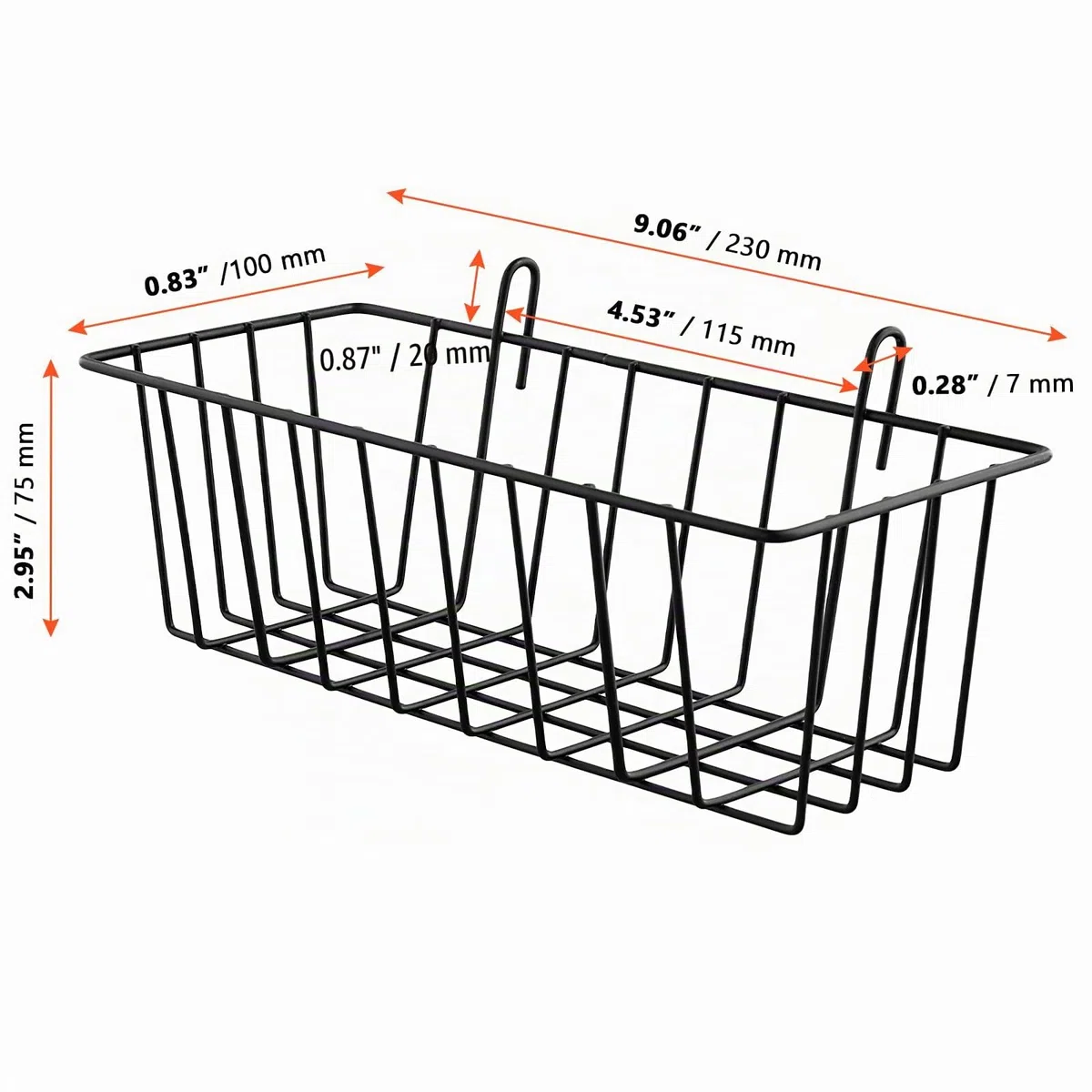 SINJEUN Pack de 8 Cestas Colgantes de Rejilla Metálica, 23 x 10 x 7,5 cm, Organizador de Pared con Gancho para Cocina, Baño y Oficina, Negro