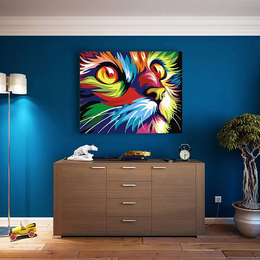 Artnapi Pintura por números Adultos con marco | DIY pintado a mano | Animales - Gato de colores | Kit para principiantes y adultos | Set que incluye pinturas acrílicas y pinceles | Lienzo 40x50cm