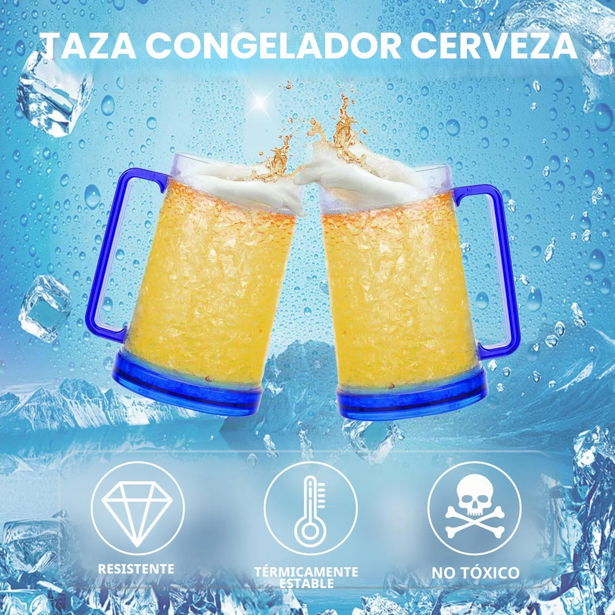 ACTOYS Jarra de Cerveza Congelador 450ML Taza para Cerveza Plástico, Vaso Doble Pared, Vaso Frio para Mantener Bebidas Frescas 15 x 10 cm (Azul)