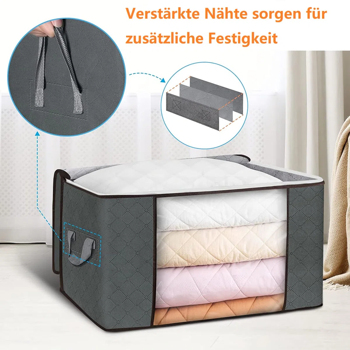 Cajas Almacenaje Ropa 6 Piezas, Bolsas Para Guardar Ropa no Tejido de Gran Capacidad, Bolsas Almacenaje Ropa con Cremallera y Mango Reforzado Suéteres, Abrigos, Mantas, 90L, Gris