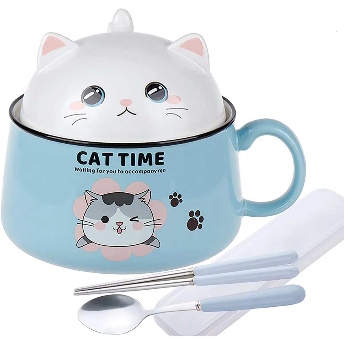 Ramen - Cuenco con tapa, diseño de gato dulce y asa, cuenco de cerámica de 1020 ml