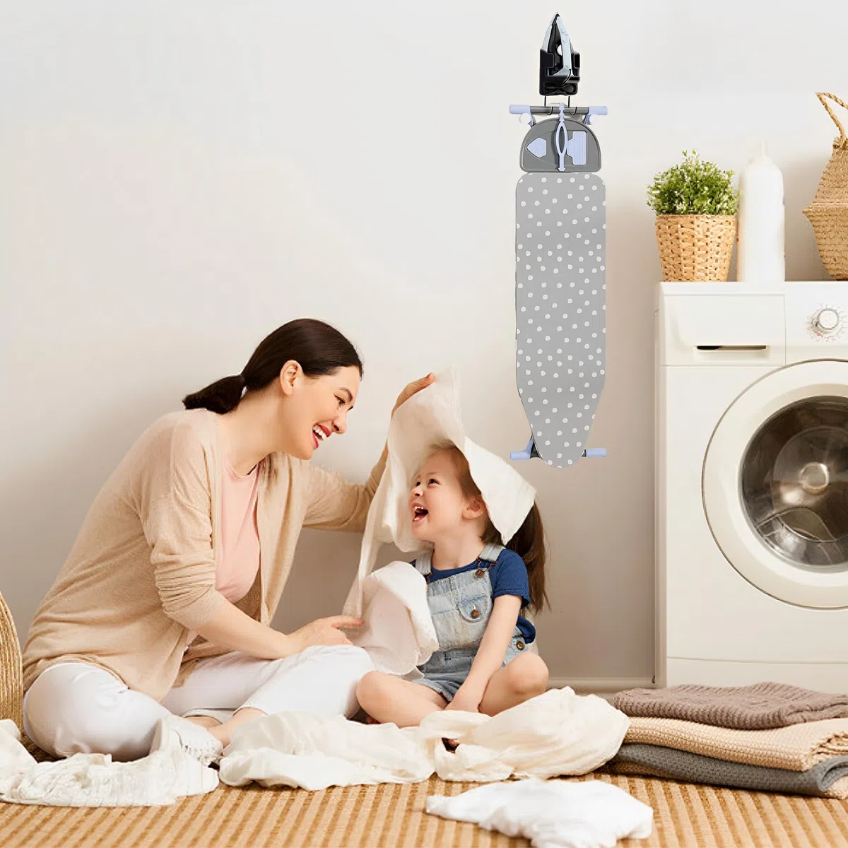 Soporte de pared para hierro, soporte para tabla de planchar, tabla de planchar universal montada en la pared con ganchos extraíbles, organizador de almacenamiento de hierro para lavandería