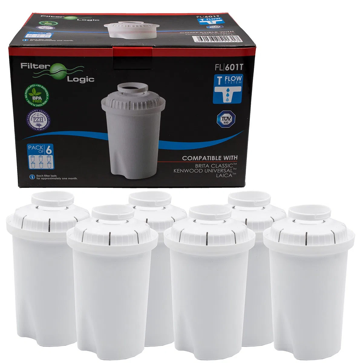 FilterLogic FL601T | Pack de 6 - Cartucho de filtro para jarra compatible con BRITA Classic, Laica Multi-Flux, BWT Anna filtros de agua para jarras filtrantes