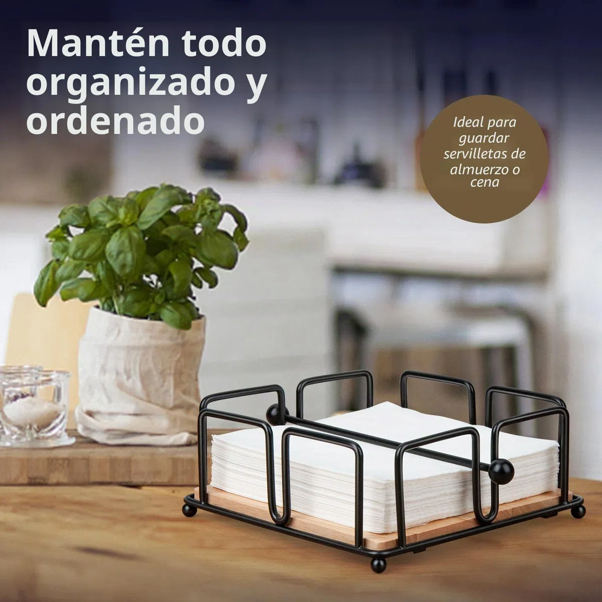 Servilletero de Metal para Bar, Portaservilletas Plano de Mesa con Brazo Lastrado, Dispensador Servilletas Decorativas con Base de Madera para Cocktail, Soporte Servilletas de Hierro (Negro)