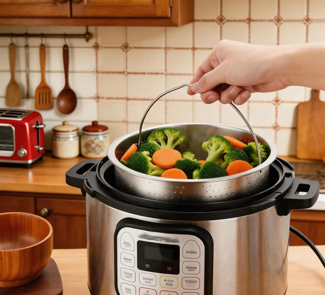 Cesta de vapor para cocinar, cesta de vapor de verduras de acero inoxidable para ollas a presión, accesorios de ollas (diámetro exterior: 22 cm)