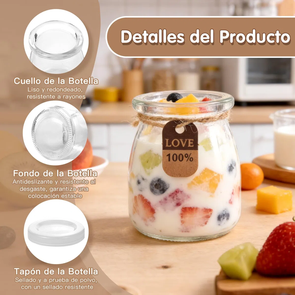 Tarros de postre con tapa, 200 ml, 12 tarros de cristal reutilizables para yogur con cepillo y cucharas, juego de alta calidad para yogur, pudín, postre y miel