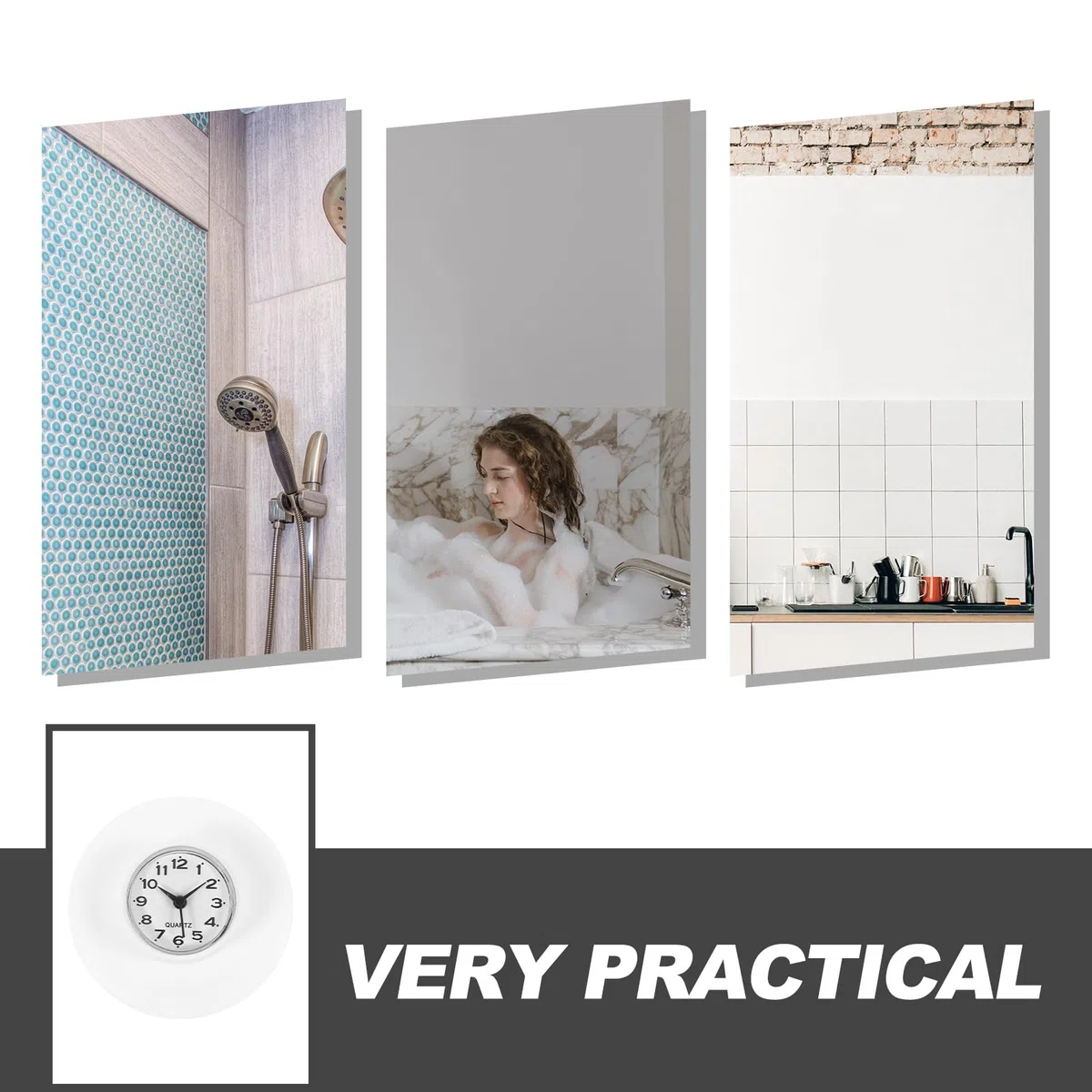 Amosfun Reloj De BañO Impermeable con Ventosa, Reloj De Pared para Y Cocina, DiseñO Moderno Sin Batería, Espejo De Vidrio