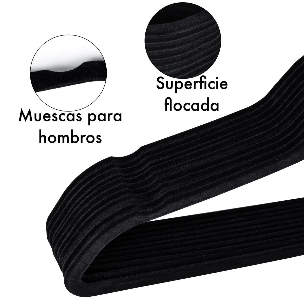 Pack de 50 Perchas de Ropa plástico Terciopelo Negro Antideslizante Cabezal Giratorio Finas para Camisetas Pantalones Camisas. Ahorra Espacio. Ranuras para Hombros.