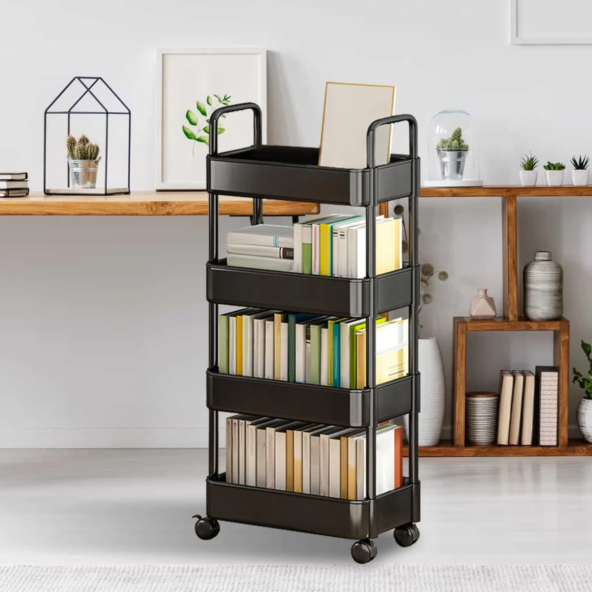 Genérico Rolling Cart Organizer - 3 Tier Utility Storage Trolley with Handle, Wheels | Multifunctional Metal Shelf | Mobile Basket Rack For Kitchen, Bathroom, Living Room, Office, Classroom Use