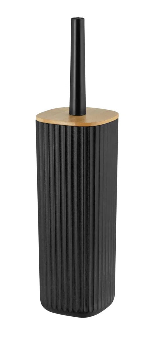 WENKO Set para inodoro Rotello, escobillero cerrado de plástico de calidad óptima con tapa de bambú y estructura acanalada, Ø 10 x 36 cm, incluye escobillero, cabezal reemplazable, negro/natural
