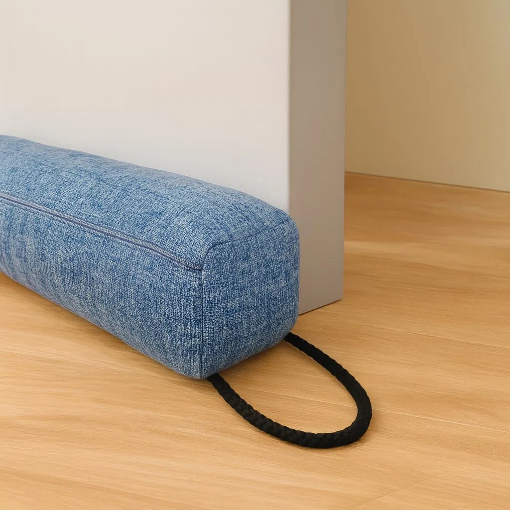 Burlete para puertas, con relleno granulado, tope para puerta resistente al viento, de poliéster y algodón PP, burlete para puerta de casa contra el frío y el polvo (azul grisáceo, 92 cm)