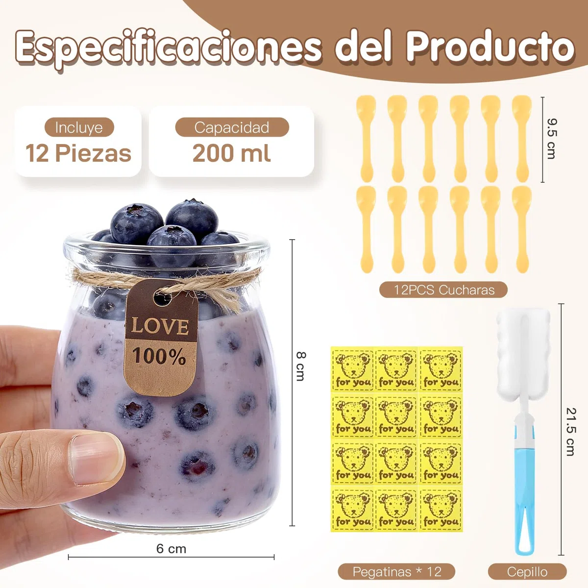 Tarros de postre con tapa, 200 ml, 12 tarros de cristal reutilizables para yogur con cepillo y cucharas, juego de alta calidad para yogur, pudín, postre y miel