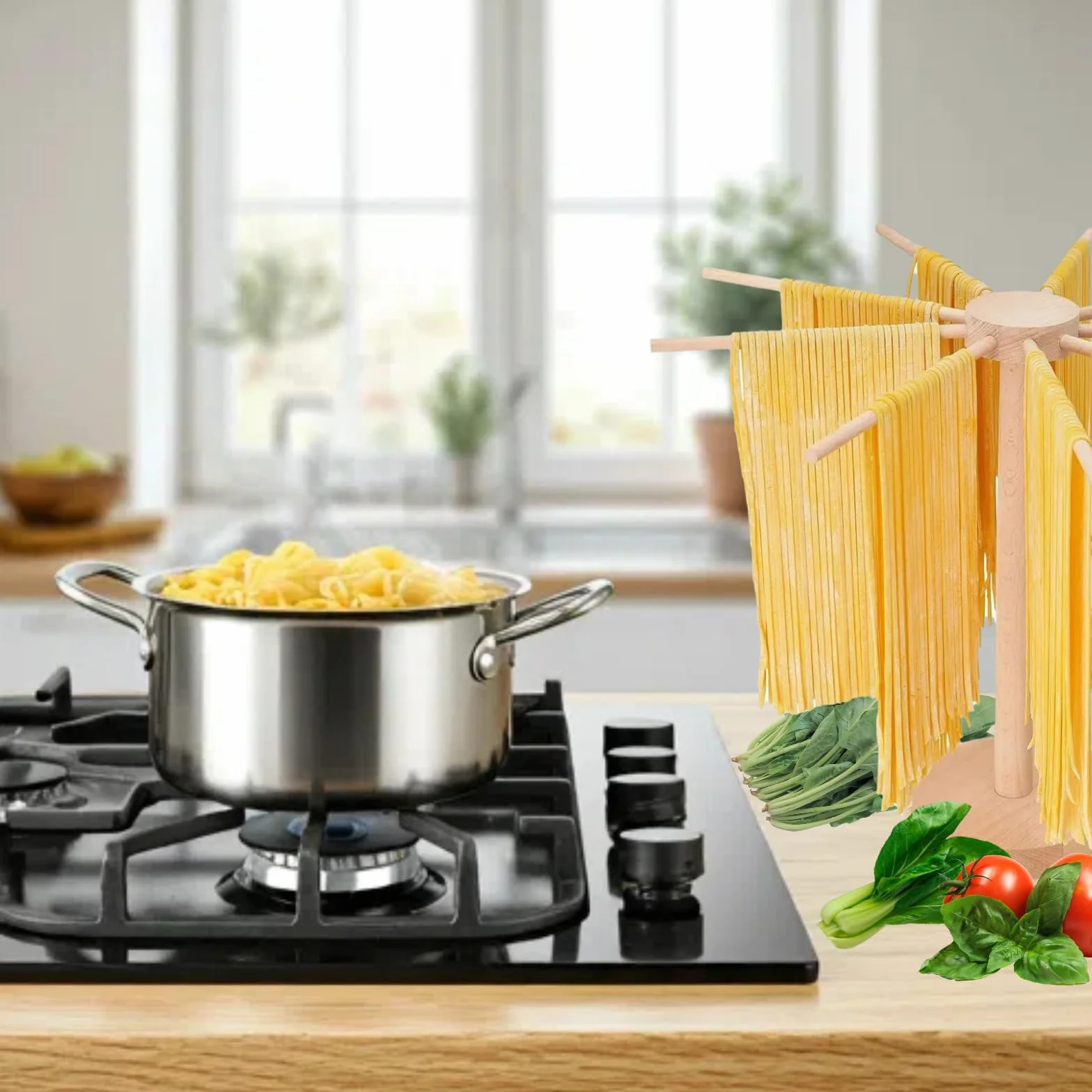 Estante de secado de pasta, estante grande de madera plegable para fideos de pasta fresca, soporte para secadora de espaguetis para hacer pasta, herramientas plegables de madera para hacer pasta con 9