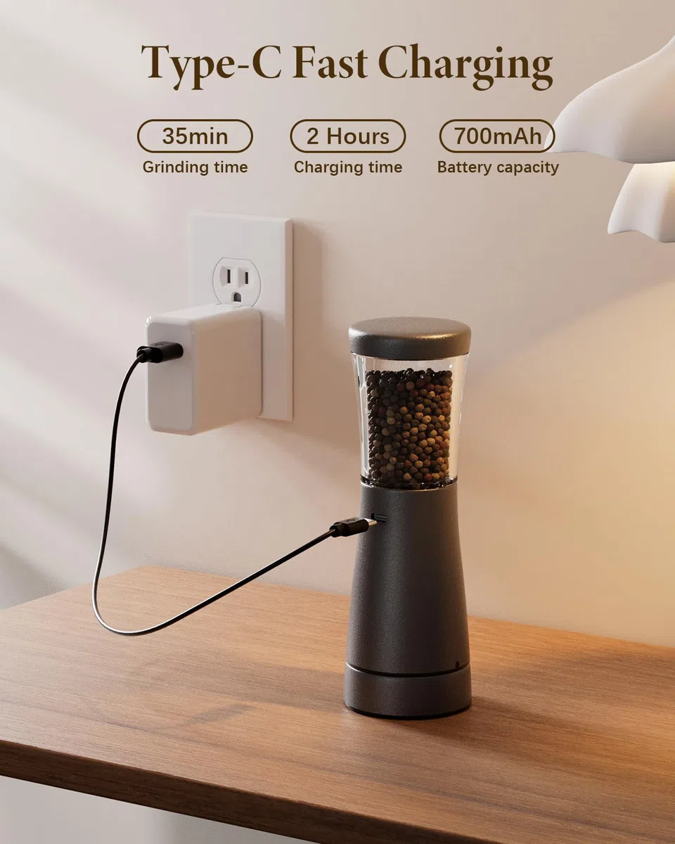 WONMAKE Molinillo eléctrico de sal y pimienta de 4.5 onzas, gran capacidad, molinillo de pimienta eléctrico de acero inoxidable, molinillo automático, grosor ajustable