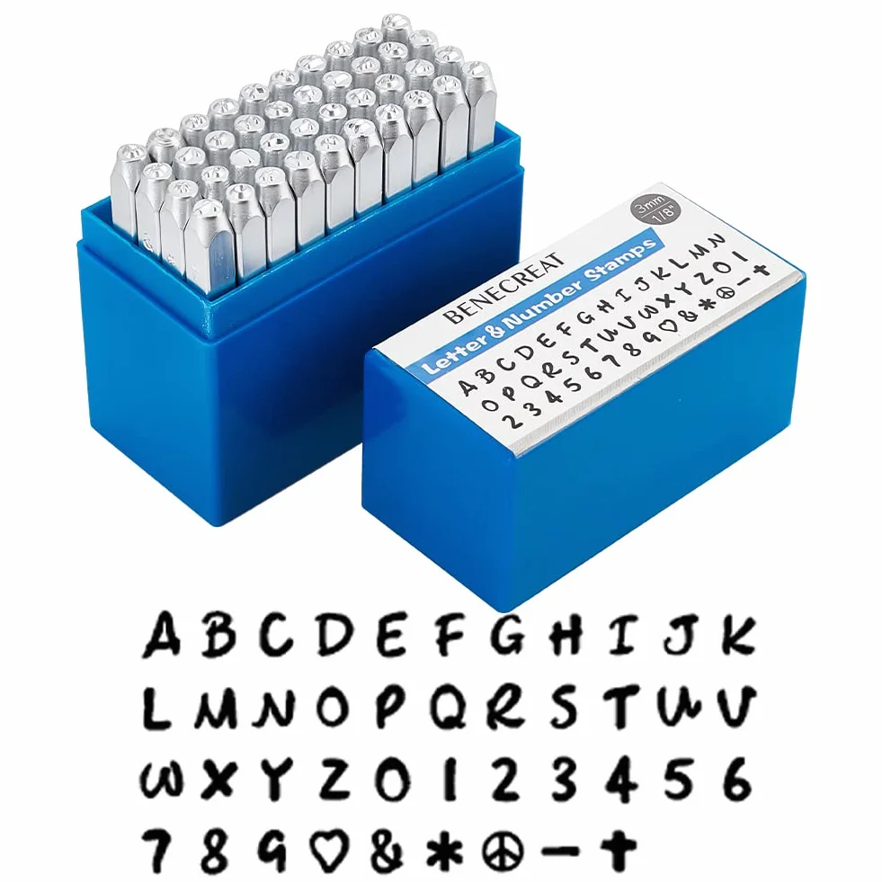 BENECREAT 42PCS 1/8 "3 mm Sello de Metal con Letras y números,Mate Efecto Acero al Carbono, A-Z y 0-9, Sellos en mayúsculas Herramienta punzonada para Marcas en Cuero y Metal