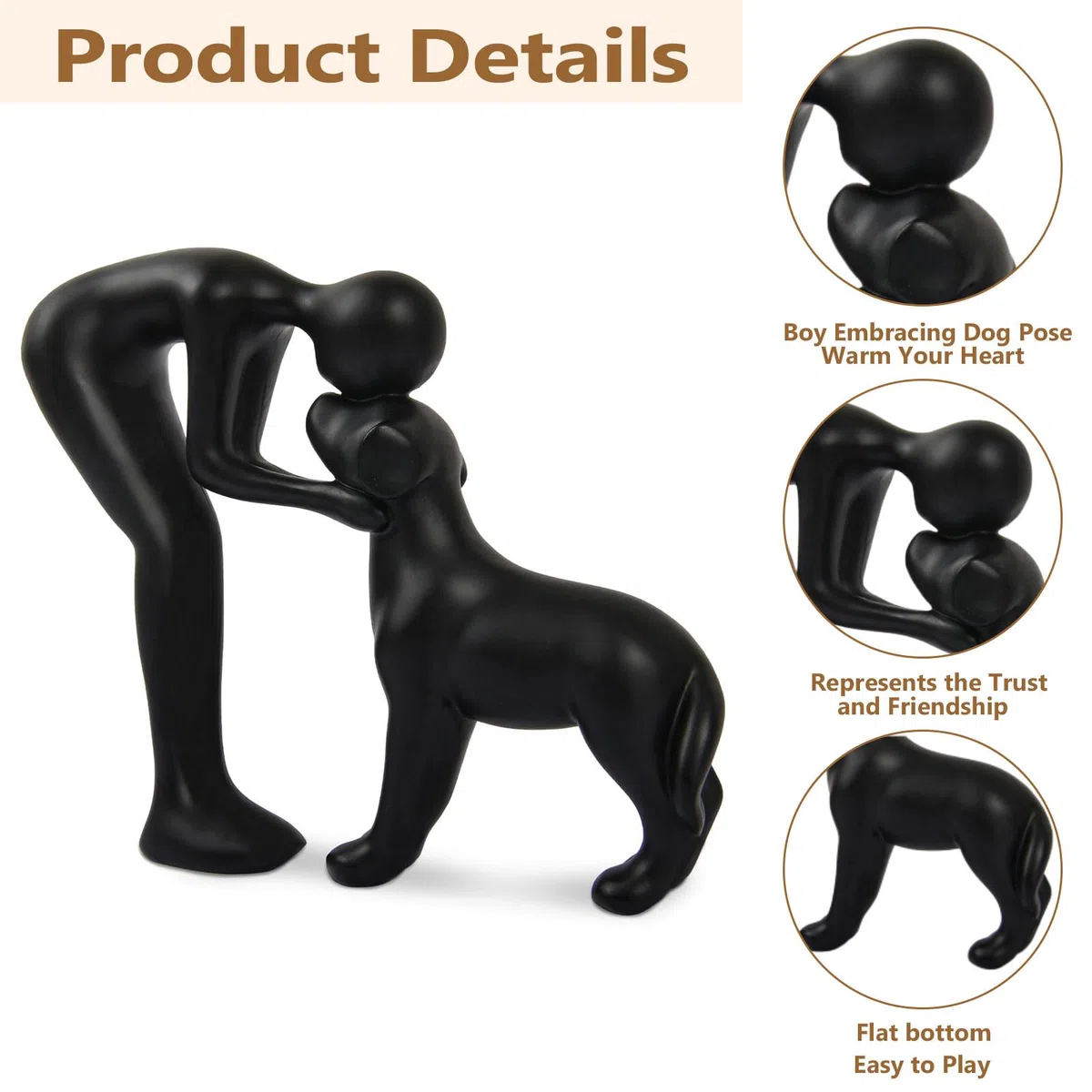 Estatuilla de Perro Bonito en Cerámica Negro – Figura Canina Decorativa, Regalo para Amantes de los Animales, Decoración para Hogar/Oficina, Figura de Hombre y Perro