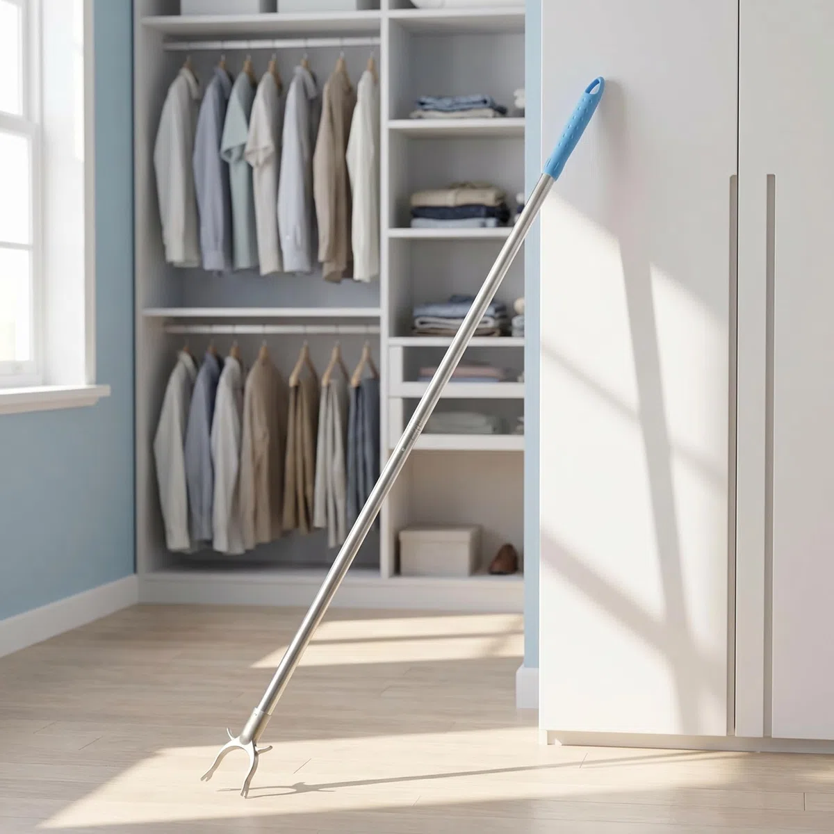 iplusmile Varilla Extensible de Acero Inoxidable para Ropa con Gancho Barra Resistente para Colgar Prendas Armarios Altos Estantes Superiores y Facilitar el Colgado el Hogar