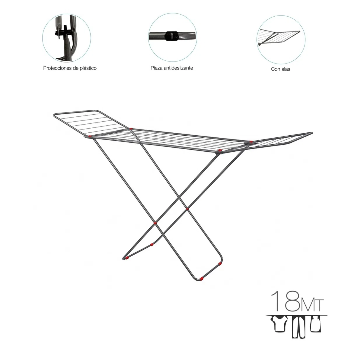 DAMDAM GO Tendedero de Ropa con Alas Plegables – 18 Metros de Secado – Compacto, Estable y Antideslizante – Estructura Metálica Resistente – Compactor Simply