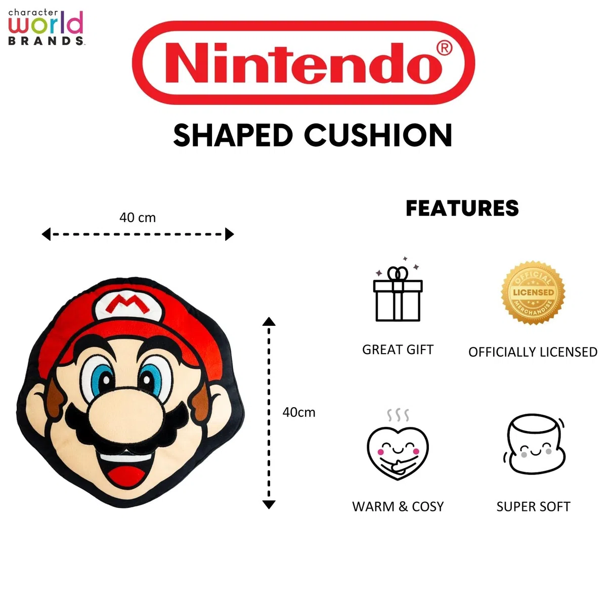 Character World Nintendo Super Mario - Cojín con Forma Oficial | Diseño apilable de Cara de Mario Head Face 40 x 36 cm, Almohada roja Dormitorio o el sofá