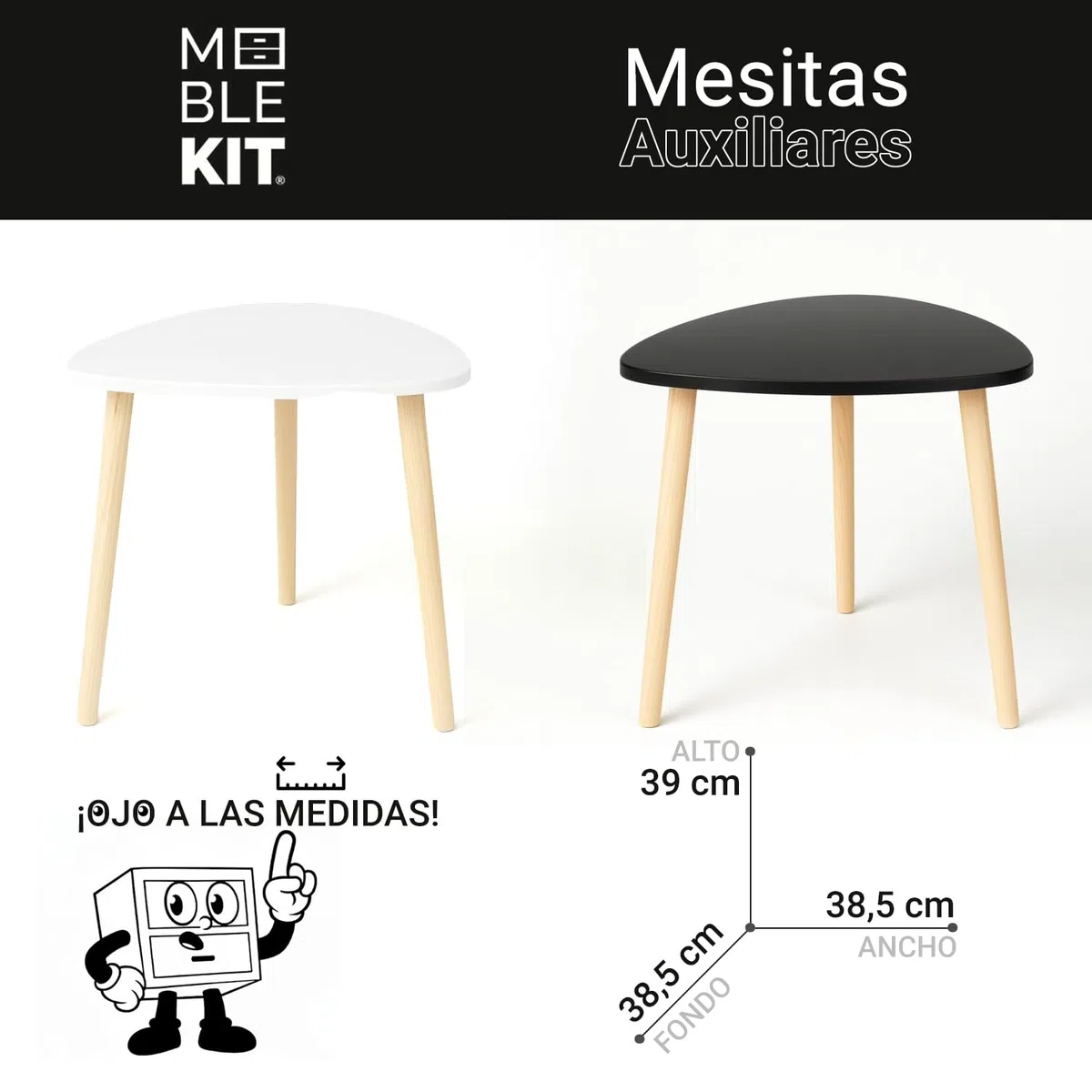 INDE MOBLEKIT | Mesa Auxiliar Madera Blanca 38,5 cm con 3 Patas, Mesita Auxiliar Salón Dormitorio, Mesa de Noche Estilo Nórdico para Sofá, Cama o Rincón, Mesas Auxiliares para Hogar Moderno