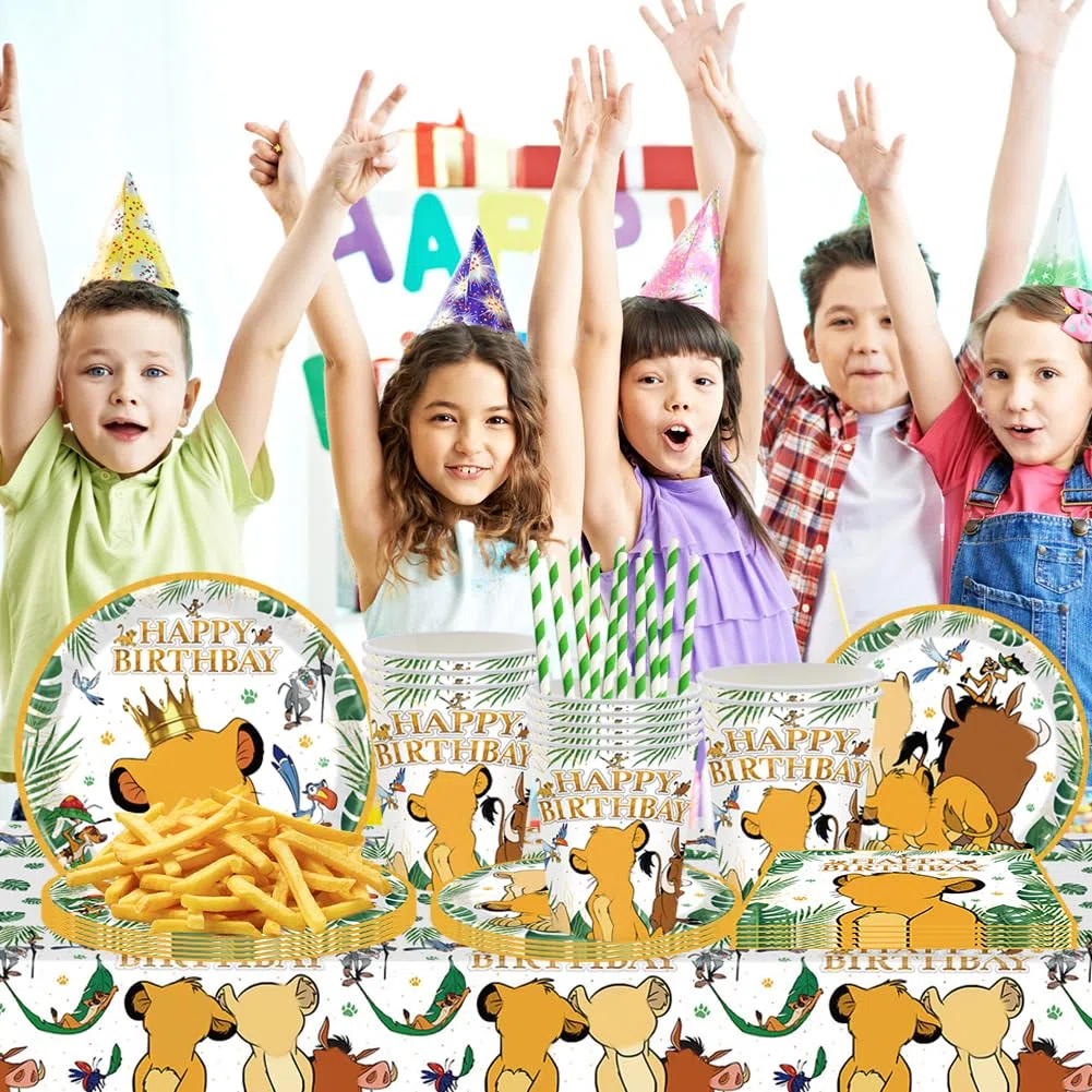 60pcs El Rey León Vajilla para Fiestas,Juego de Vajilla de Fiesta León, Bandeja de Papel, Servilleta, Taza, Pajitas, Cubiertos Fiesta El Rey León-10 Posición