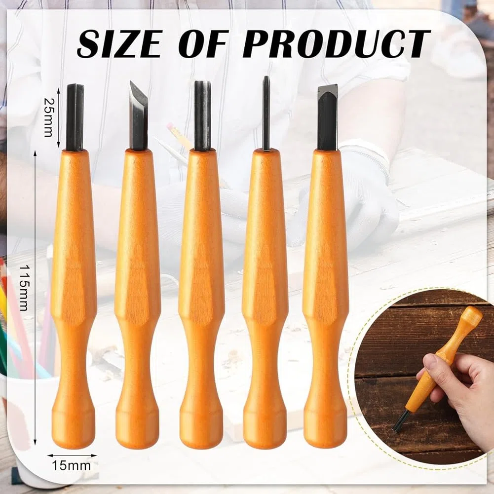 Juego de 5 Herramientas para Tallado en Linóleo, Cuchillos para Tallar Madera, Cincel, Gubia en Forma de V, Gubia Angular y Herramientas de Tallado Semicirculares.