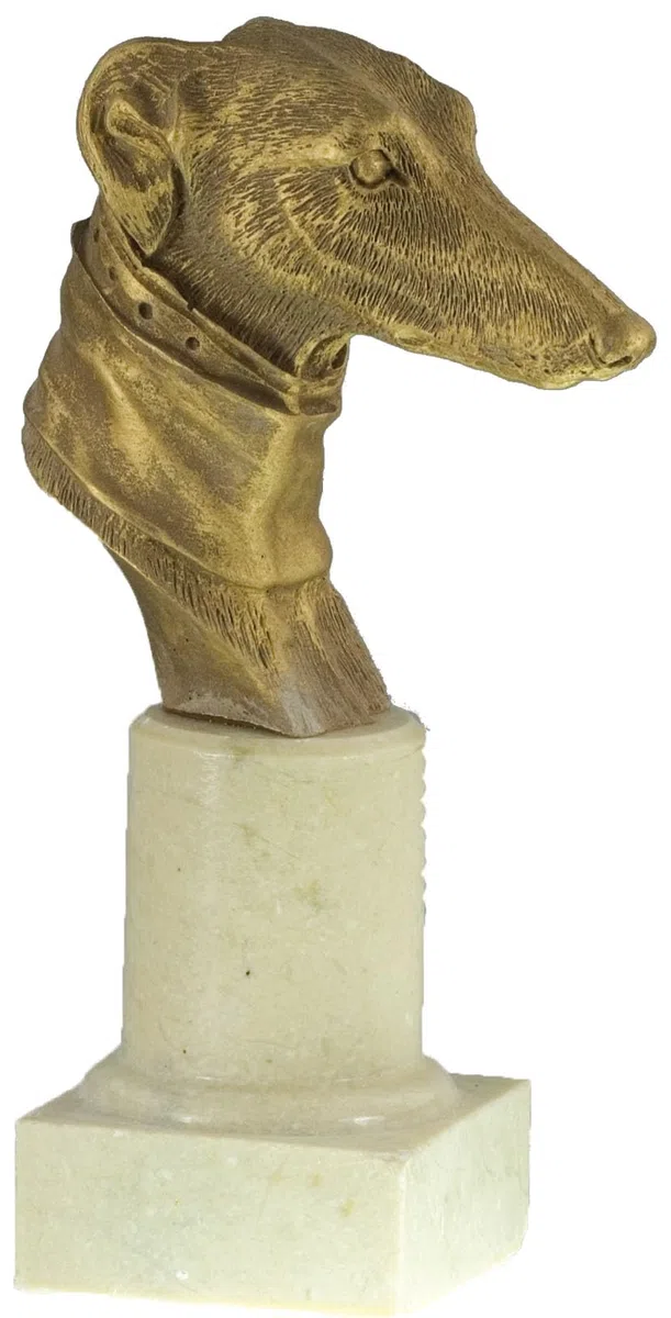 Trofeo Cabeza de Galgo en Resina Base de Mármol Blanco | Acabado Dorado Envejecido | Altura 17 cm | Elegancia y Distinción.