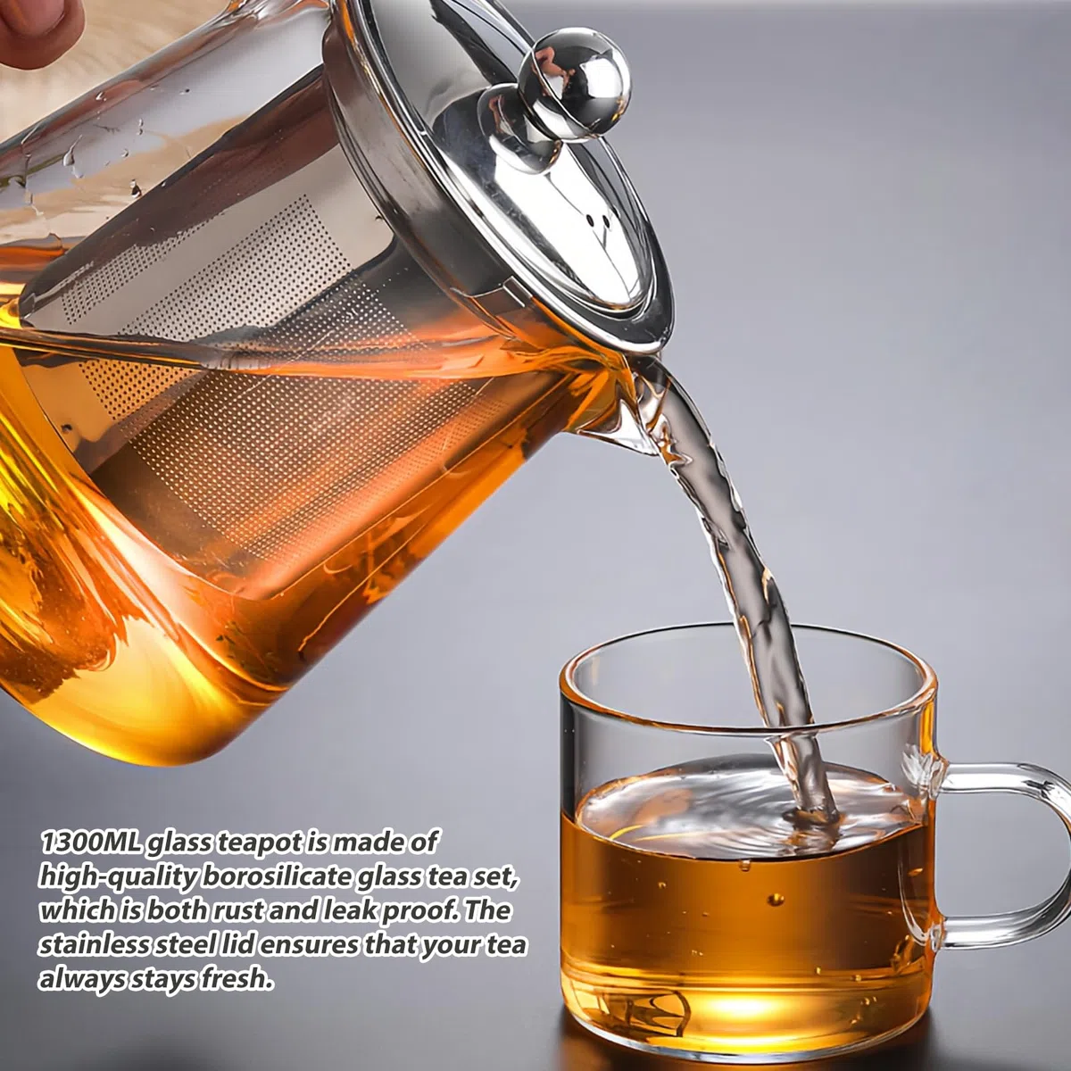 Tetera de 1300 ml: juego de té de vidrio de borosilicato con colador extraíble y tapa de acero inoxidable, resistente y resistente al calor para camping, viajes, té de hierbas y té de frutas