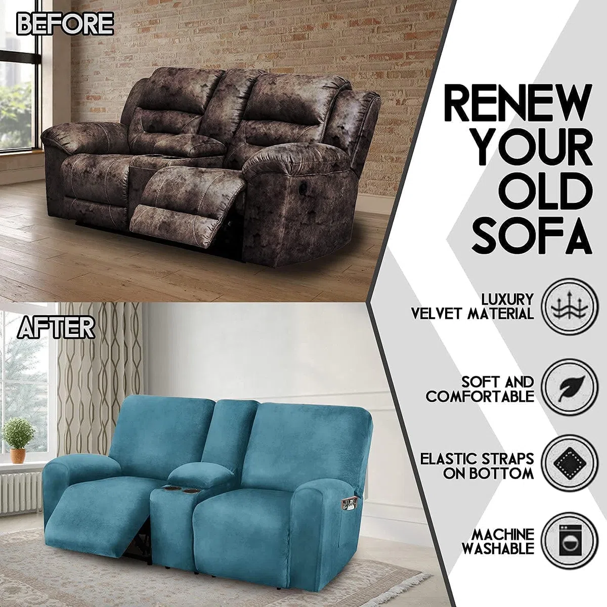 Fundas reclinables de Terciopelo elástico, Fundas Suaves para sofá reclinable con Consola Central, Funda Antideslizante para sofá reclinable de 2 plazas, Azul Pavo Real